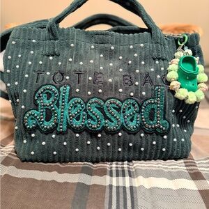 Blessed Green Tote Bag with Bead Embellishment